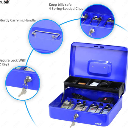 Rubik X-Large Cash Box with Key Money Tray Coin Slot Tray Steel Register 30x24x9cm Blue