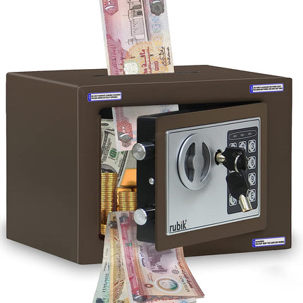 Rubik Mini Safe Box With Drop Slot, Digital Lock & Key (17x23x17cm) Brown