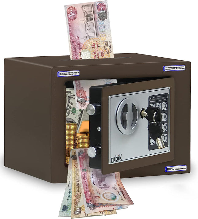 Rubik Mini Safe Box With Drop Slot, Digital Lock & Key (17x23x17cm) Brown