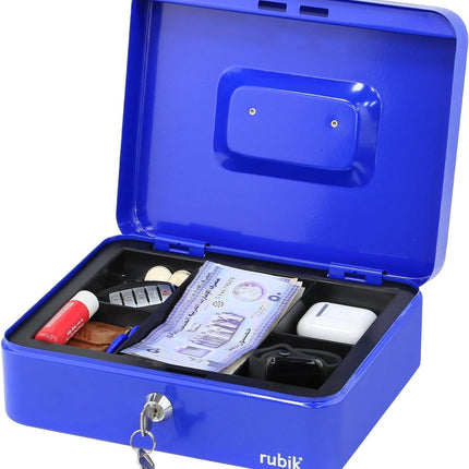 Rubik Large Cash Box with Key Lock, Portable Money Box (25x20x9cm) Blue
