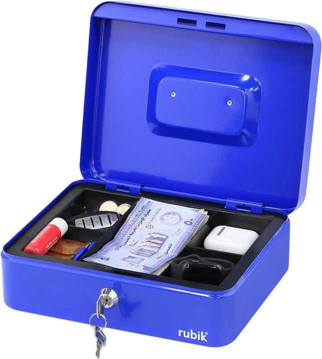 Rubik Large Cash Box with Key Lock, Portable Money Box (25x20x9cm) Blue