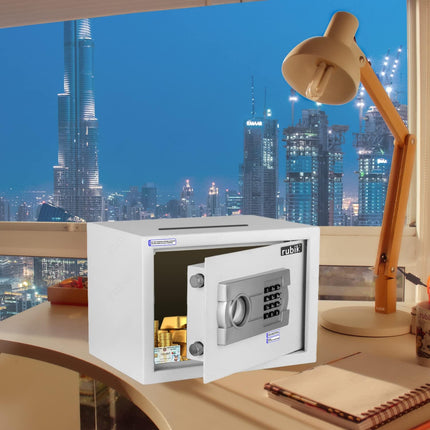 Rubik Medium Digital Safe Box with Keys and Cash Deposit Slot, RB25EG-T (25x35x25cm) White