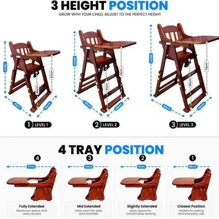 Adjustable Baby High Chair with Tray, Solid Wood Foldable with Safety Belt and Cushion (Red Mahogany)