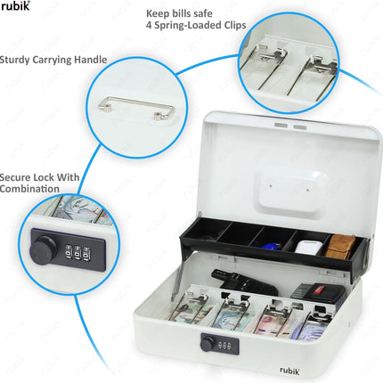 Rubik X-Large Cash Box with Combination Lock, Money Tray & Coin Slot 30x24x9cm White