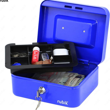 Rubik Medium Cash Box with Key Lock, Portable Money Box (20x16x9cm) Blue