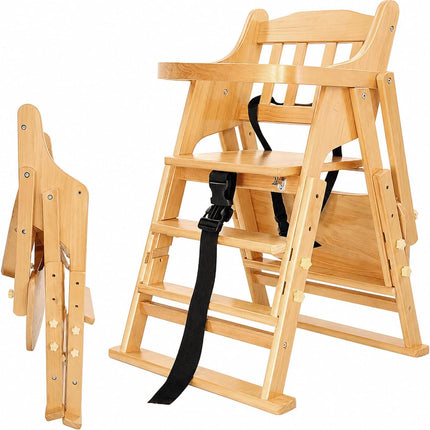Adjustable Baby High Chair with Tray, Solid Wood Foldable with Safety Belt and Cushion (Beige)