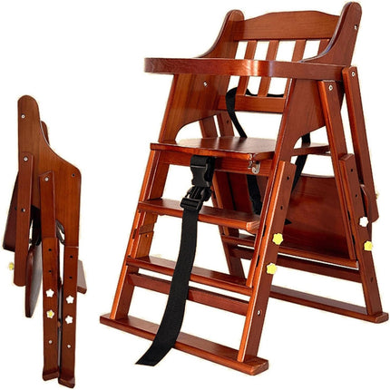 Adjustable Baby High Chair with Tray, Solid Wood Foldable with Safety Belt and Cushion (Red Mahogany)