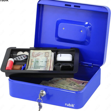 Rubik Large Cash Box with Key Lock, Portable Money Box (25x20x9cm) Blue
