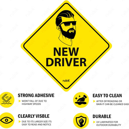 Self Adhesive Man New Driver Car Sign Sticker, Reflective Removable (Size 12cm x 12cm)