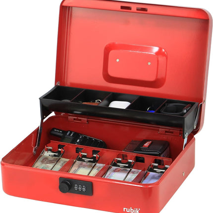 Rubik X-Large Cash Box with Combination Lock, Money Tray & Coin Slot 30x24x9cm Red