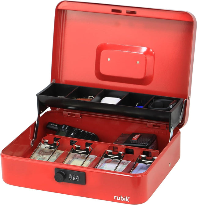 Rubik X-Large Cash Box with Combination Lock, Money Tray & Coin Slot 30x24x9cm Red