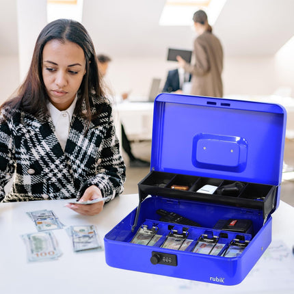 Rubik X-Large Cash Box with Combination Lock, Money Tray & Coin Slot 30x24x9cm Blue