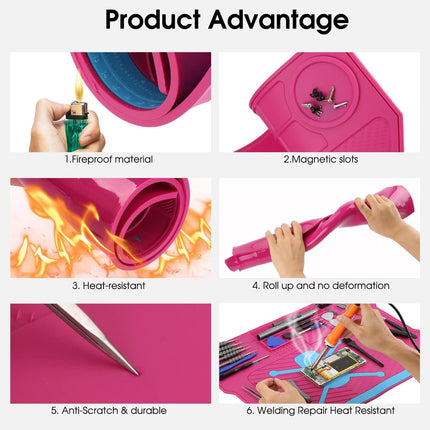Drone Soldering Repair Mat – Heat Resistant Silicone Work Station with Magnetic Slots (Pink)