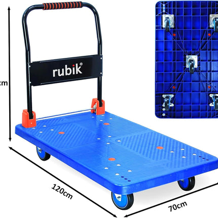 Rubik Flatbed Platform Trolley 2X-Large 120x70cm, 600kg Weight Capacity and 360 Degree Swivel Wheels, Foldable Push Hand Cart