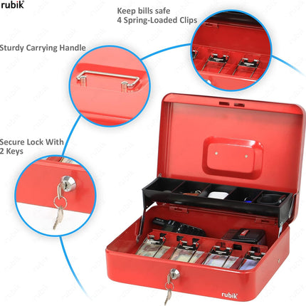 Rubik X-Large Cash Box with Key Money Tray Coin Slot Tray Steel Register 30x24x9cm Red