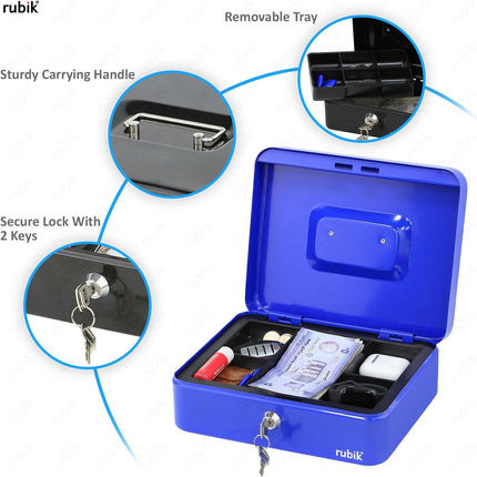 Rubik Large Cash Box with Key Lock, Portable Money Box (25x20x9cm) Blue