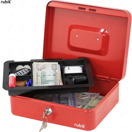 Rubik Large Cash Box with Key Lock, Portable Money Box (25x20x9cm) Red