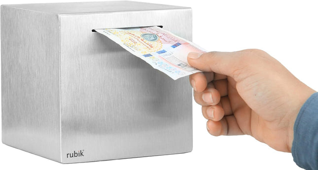 Rubik 15cm Metal Piggy Bank for Adults, Stainless Steel Savings Money Bank (All Sides Closed) Silver