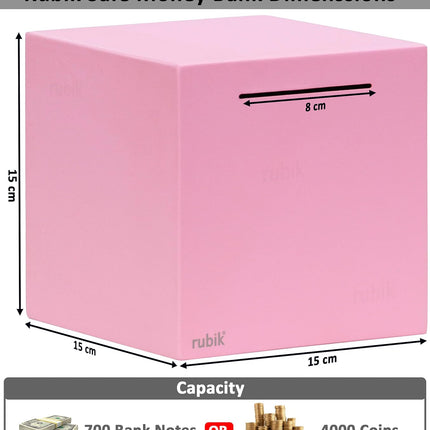 Rubik 15cm Metal Piggy Bank for Adults, Stainless Steel Savings Money Bank (All Sides Closed) Pink