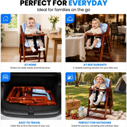 Adjustable Baby High Chair with Tray, Solid Wood Foldable with Safety Belt and Cushion (Red Mahogany)