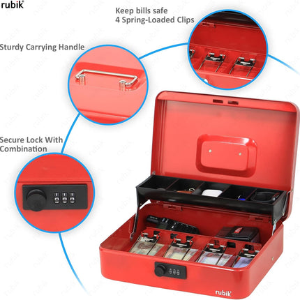 Rubik X-Large Cash Box with Combination Lock, Money Tray & Coin Slot 30x24x9cm Red