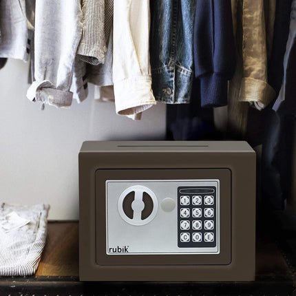 Rubik Mini Safe Box With Drop Slot, Digital Lock & Key (17x23x17cm) Brown
