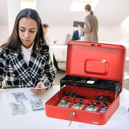 Rubik X-Large Cash Box with Key Money Tray Coin Slot Tray Steel Register 30x24x9cm Red