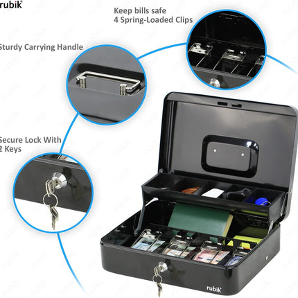 Rubik X-Large Cash Box with Key Money Tray Coin Slot Tray Steel Register 30x24x9cm Black