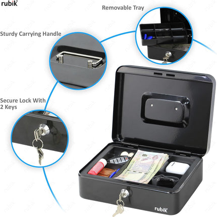 Rubik Large Cash Box with Key Lock, Portable Money Box (25x20x9cm) Black