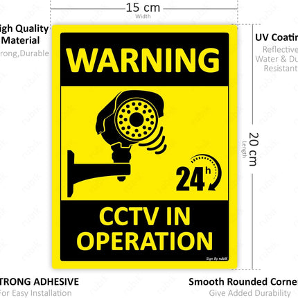 Self Adhesive Warning 24 Hours CCTV in Operation Sign Sticker 20x15cm, UV Protected Vinyl Decal