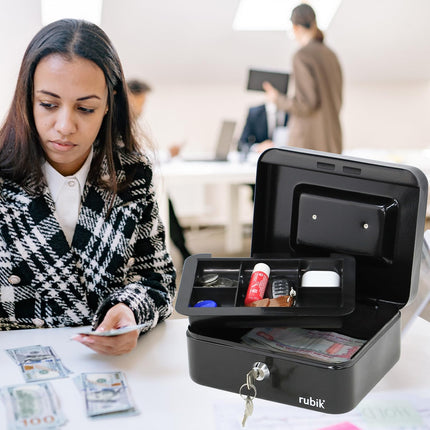 Rubik Medium Cash Box with Key Lock, Portable Money Box (20x16x9cm) Black