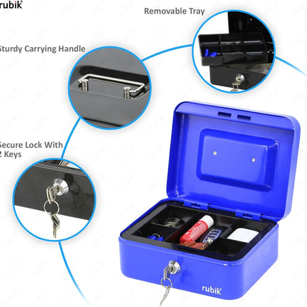 Rubik Medium Cash Box with Key Lock, Portable Money Box (20x16x9cm) Blue