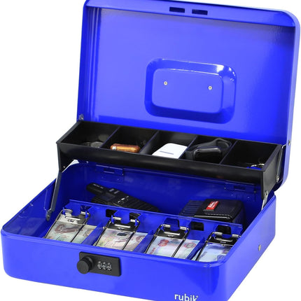 Rubik X-Large Cash Box with Combination Lock, Money Tray & Coin Slot 30x24x9cm Blue