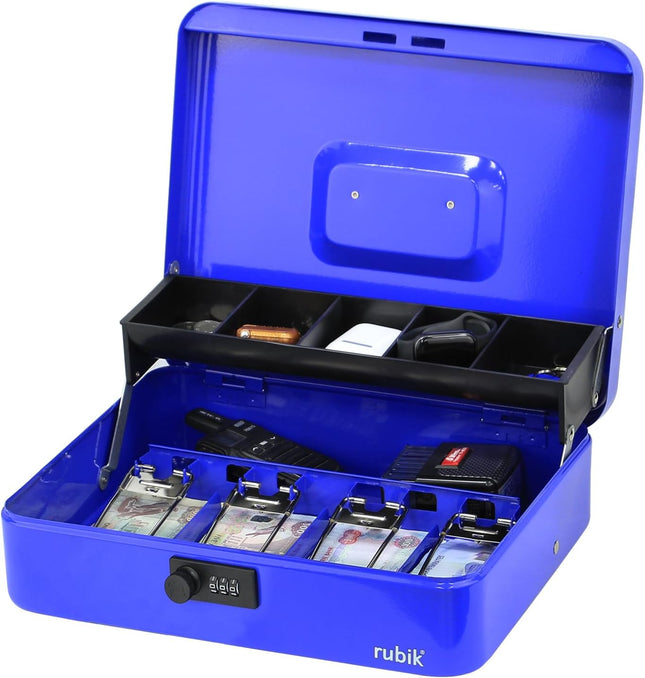 Rubik X-Large Cash Box with Combination Lock, Money Tray & Coin Slot 30x24x9cm Blue