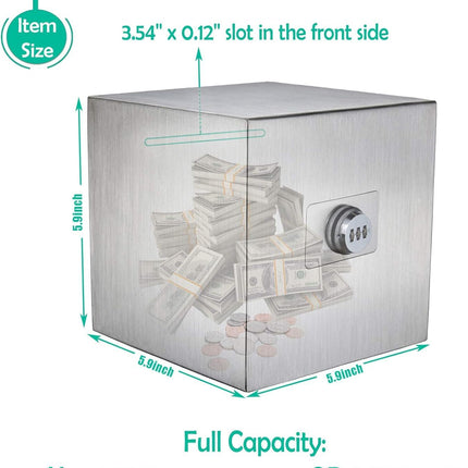 Rubik 15cm Piggy Bank with 3-Digits Combination Lock, Stainless Steel Money Saving Box for Cash Coin for Adults & Kids (6 Inch) Silver