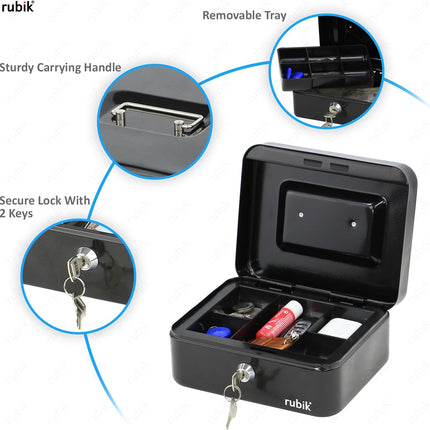 Rubik Medium Cash Box with Key Lock, Portable Money Box (20x16x9cm) Black
