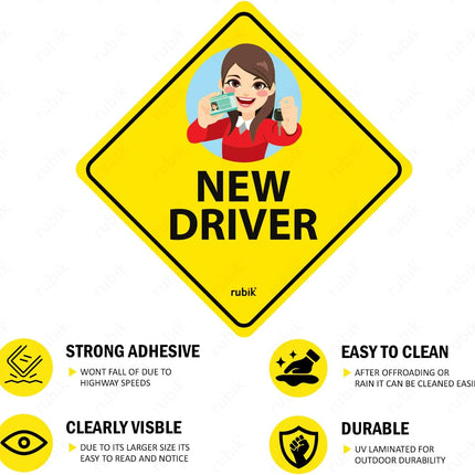 Self Adhesive Lady New Driver Car Sign Sticker, Reflective Removable (Size 12cm x 12cm)