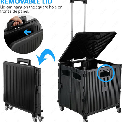 Foldable Grocery Shopping Trolley with Lid 50L Capacity, Premium 360 Swivel Wheels Cart (Black)