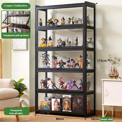 Rubik Display Showcase Cabinet, All Sides Transparent Acrylic, Pull-up Window Doors (Black), Organize and Showcase Your Treasures in Style
