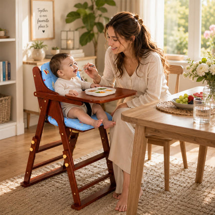 Adjustable Baby High Chair with Tray, Solid Wood Foldable with Safety Belt and Cushion (Red Mahogany)
