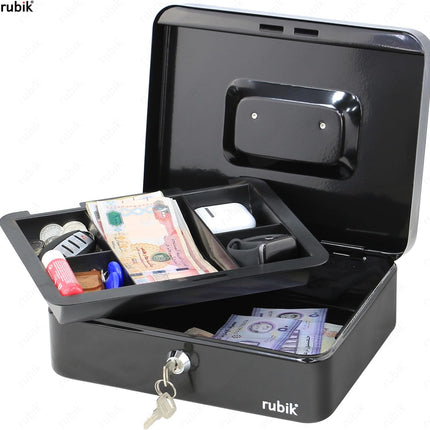 Rubik Large Cash Box with Key Lock, Portable Money Box (25x20x9cm) Black