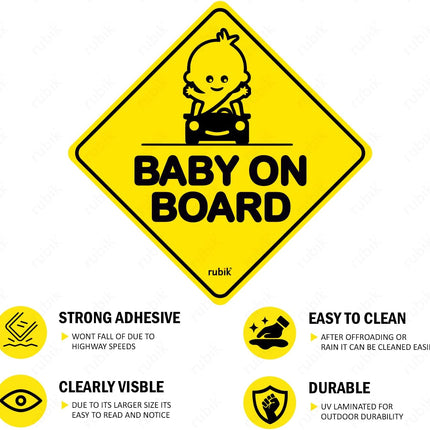 Baby on Board Car Sign Self Adhesive Sticker – Reflective Safety Warning Decal 12x12cm
