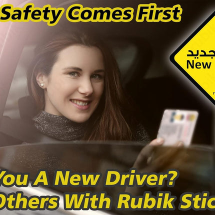 Magnetic New Driver Car Sign Sticker English Arabic, Removable and Reusable (12cm x 12cm)