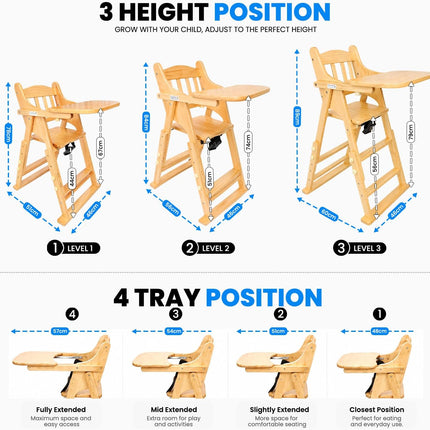 Adjustable Baby High Chair with Tray, Solid Wood Foldable with Safety Belt and Cushion (Beige)
