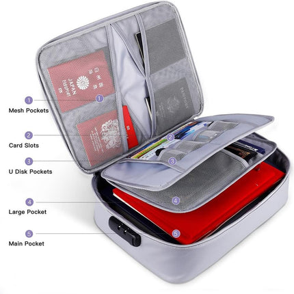 Fireproof Waterproof Document Storage Bag with Lockable Zipper 36x27x10cm Silver
