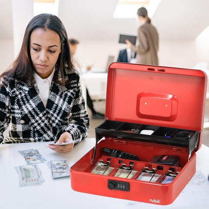 Rubik X-Large Cash Box with Combination Lock, Money Tray & Coin Slot 30x24x9cm Red