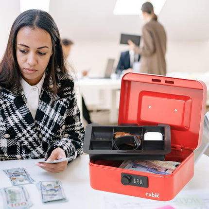 Medium Cash Box with Combination Lock & Tray - Red (20x16x9cm)