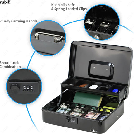 Rubik X-Large Cash Box with Combination Lock, Money Tray & Coin Slot 30x24x9cm Black