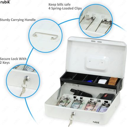 Rubik X-Large Cash Box with Key Money Tray Coin Slot Tray Steel Register 30x24x9cm White