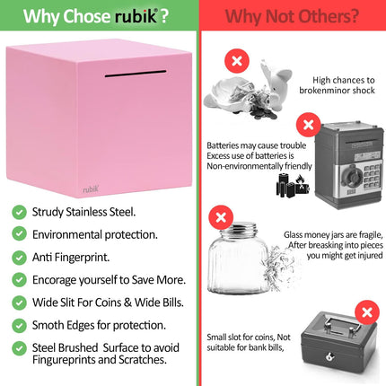 Rubik 15cm Metal Piggy Bank for Adults, Stainless Steel Savings Money Bank (All Sides Closed) Pink